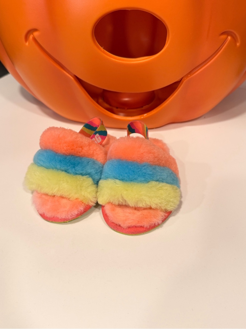 UGG Kids Rainbow Fuzzy Slide Slippers - Coral, Blue, Lime
